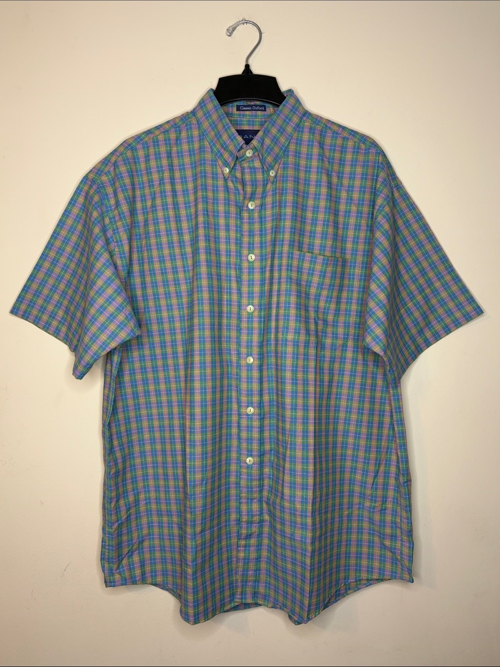 Gant Classic Oxford Button-Down Short Sleeve Plaid Shirt - Blue/Green Size XL